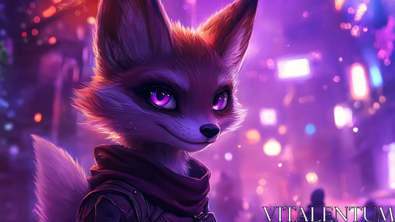 Violet-eyed fox mercenary in neon cybercity glow at night.
