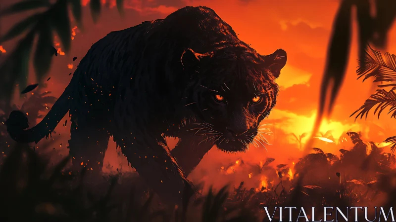 Black Panther Silhouette: Jungle Nocturnal Predator Against Inferno Backdrop