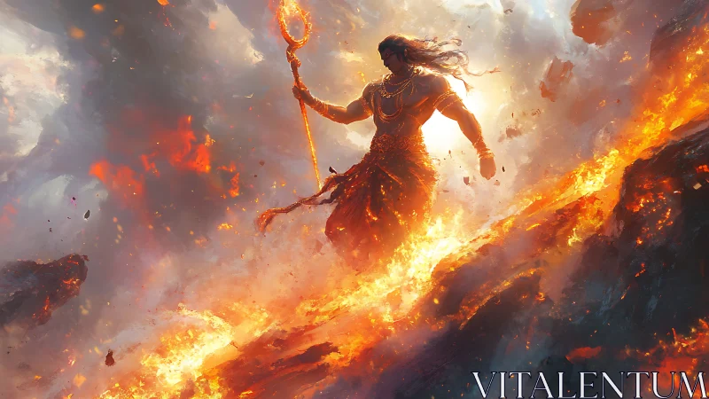 Figure holding staff walks across eruptive lava slope