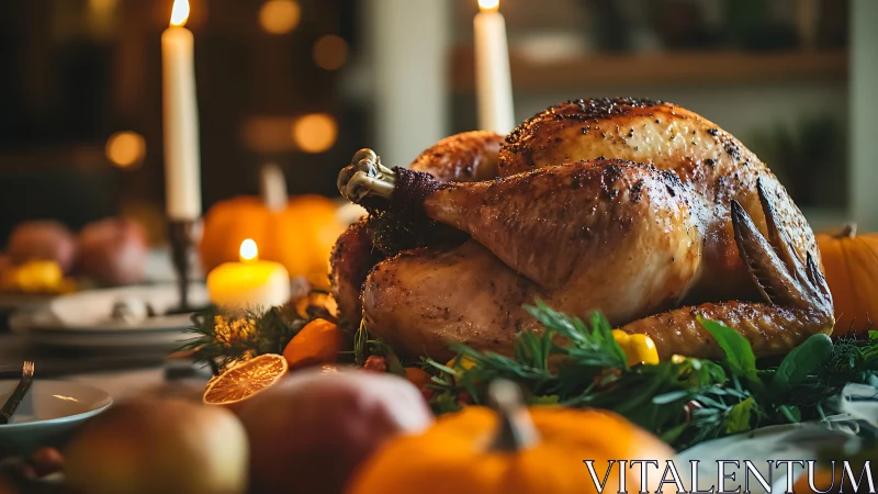 Roasted whole turkey is presented on decorated dining table