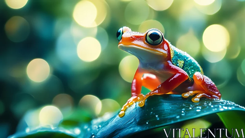 Bright-eyed rainforest frog rests under dreamy forest lights