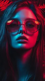 Woman in sunglasses lit by contrasting red and blue neon