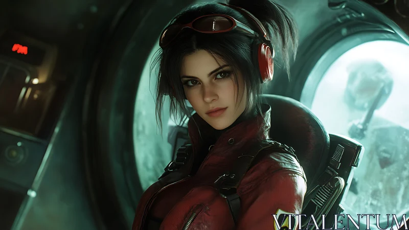 Space pilot in crimson suit gazes through starship window.