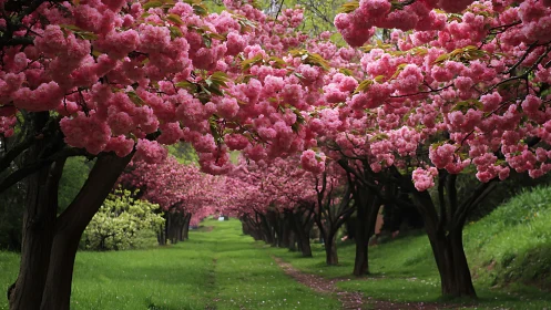 Cherry blossom tunnel frames lush spring walking path.