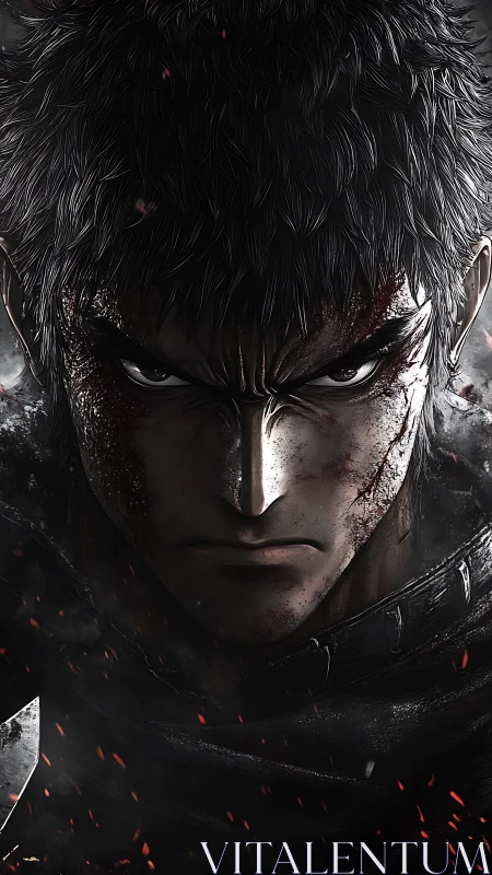 Battle-hardened warrior meets your gaze with fierce resolve.