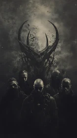 Dark metal band stands beneath towering demonic horned sigil