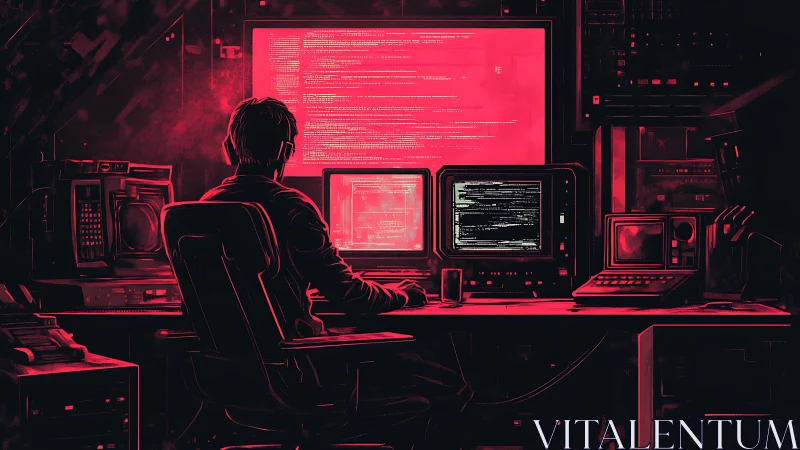 Midnight coder bends neon code in a glowing red bunker