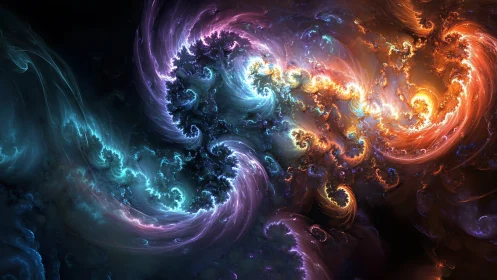 Cosmic fractal vortex swirls with colliding elemental light.