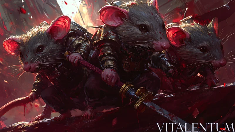 Warrior mice advance with drawn swords through crimson dusk.