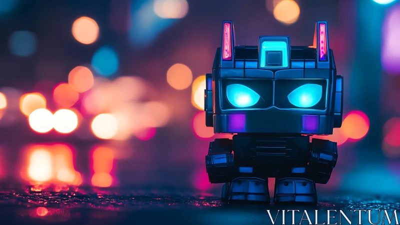 Cyberpunk toy robot with neon bokeh city backdrop composition.