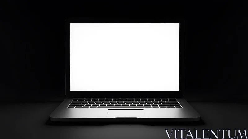 Laptop computer with blank white display centered in darkness