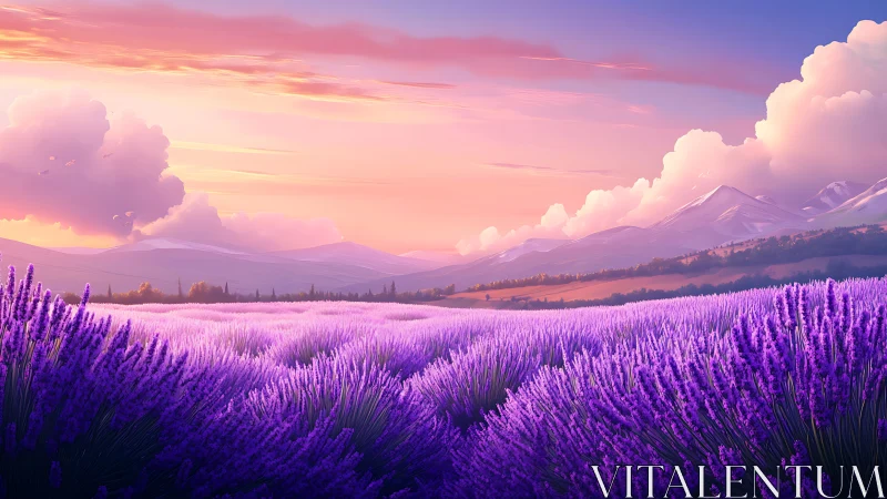 Lavender fields glow beneath pastel mountains at sunset.
