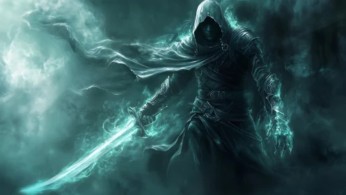 Spectral hooded swordsman with ethereal energy blade in fog