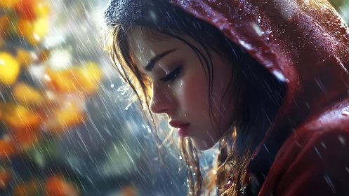 Side profile of hooded figure standing in heavy rainfall