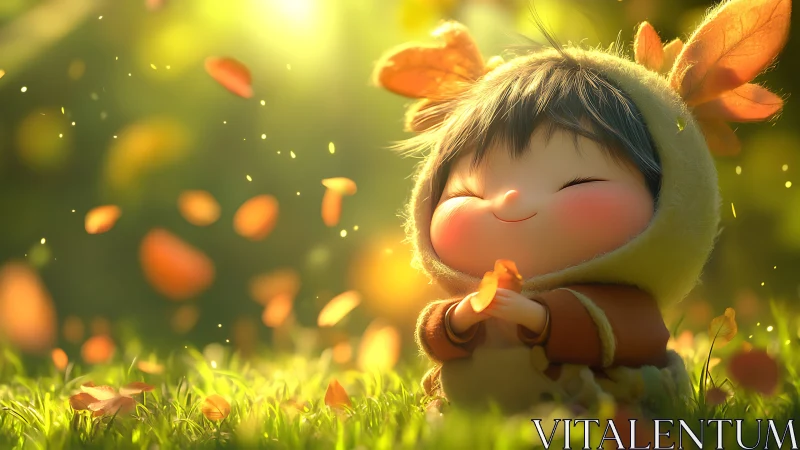 Smiling child in autumn costume glows in golden sunlight.