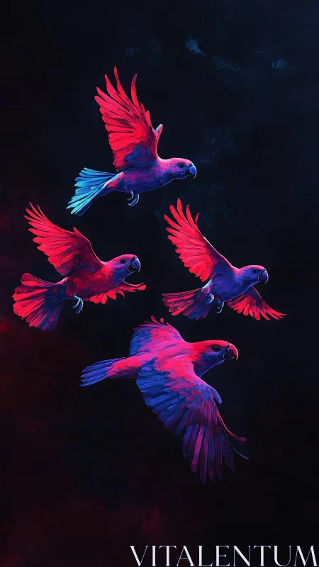 Neon parrots streak through deep midnight void sky