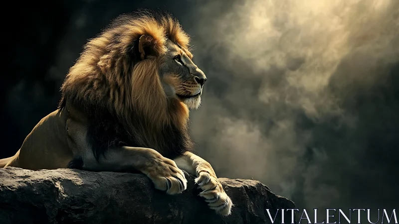 Lone lion resting on rocky ledge under dramatic light.