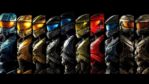 Row of armored sci‑fi soldiers is aligned in profile