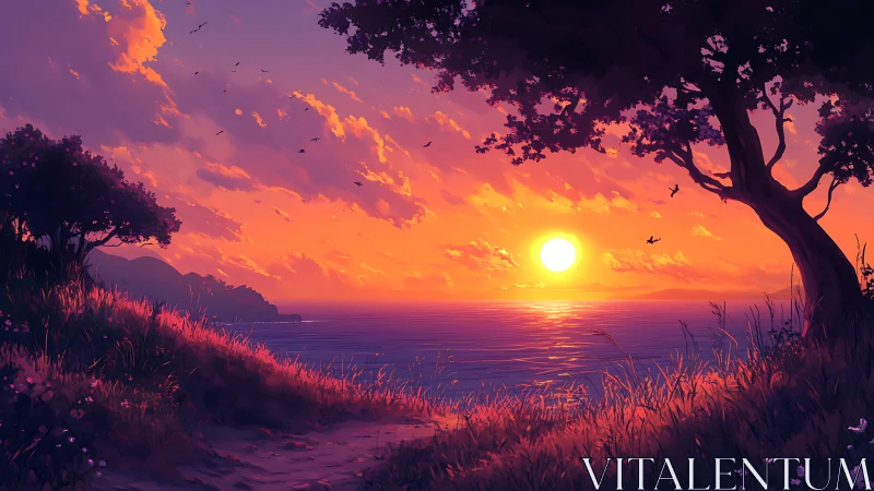 Sunset shore glows beneath violet clouds and whispering trees.