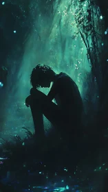 Silhouetted figure sits in dense foliage under teal light