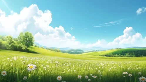 Sunlit daisy meadows rolling beneath cloud-bright skies.