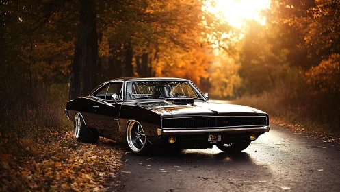 Photorealistic muscle car study on sunlit autumn forest road.