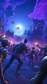 Fortnite heroes battle dense undead horde under neon night sky