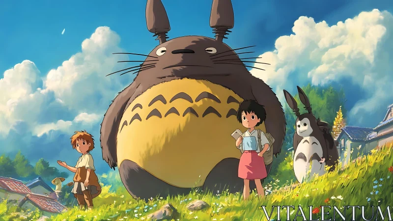 Sunny hillside stroll with gentle forest friends and kids.