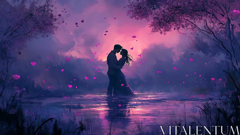 Lovers Kiss in Glowing Petals Beneath Purple Sky.