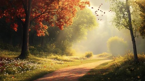 Autumn's Golden Path Through Misty Woods.