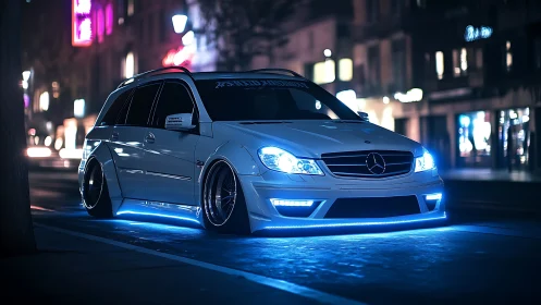 Neon night cruise with a low-slung custom white Mercedes.