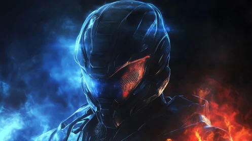 Armored sci-fi warrior stands amid blue energy and fire.