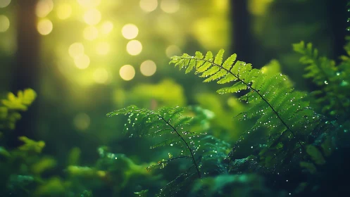Fern fronds with dew drops catching golden light through forest canopy