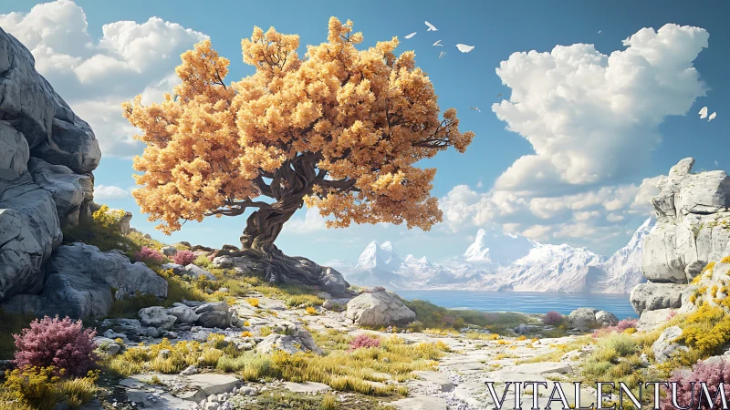 Digital painting of golden tree in luminous alpine valley.