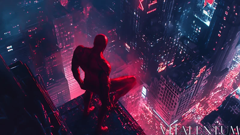 Red-suited figure overlooks neon-lit futuristic city at night