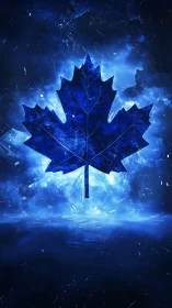 Glowing blue maple leaf shining in a dreamy cosmic night.