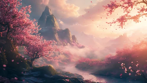 Fantasy cherry blossom valley with misty sunlit peaks.