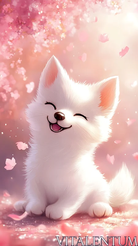 Radiant white puppy under drifting sakura petals glows softly
