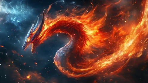 Cosmic fire dragon coils through nebulae in blazing fury.
