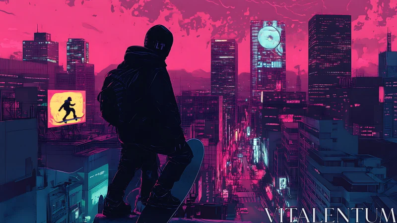 Neon skater overlooks cyberpunk city skyline at dusk.