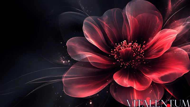 Luminous red digital flower blooms over deep black void.