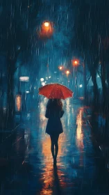 Woman with red umbrella walking alone on rainy city street.
