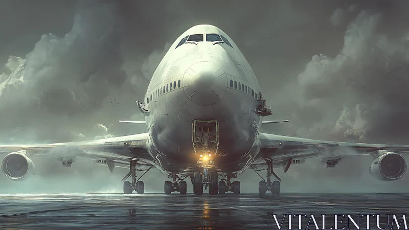 Frontal fog-lit widebody airliner on reflective wet tarmac.