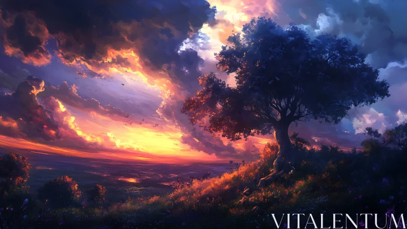 Sunset sky illuminates lone tree on sloping hillside