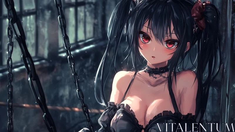 Gothic anime girl with crimson eyes in shadowed chains room.