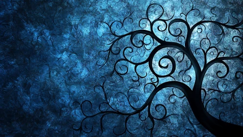 Curvilinear arboreal silhouette over textured cobalt field.