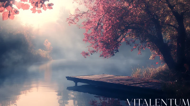 Digital painting of misty lakeside jetty under crimson canopy.
