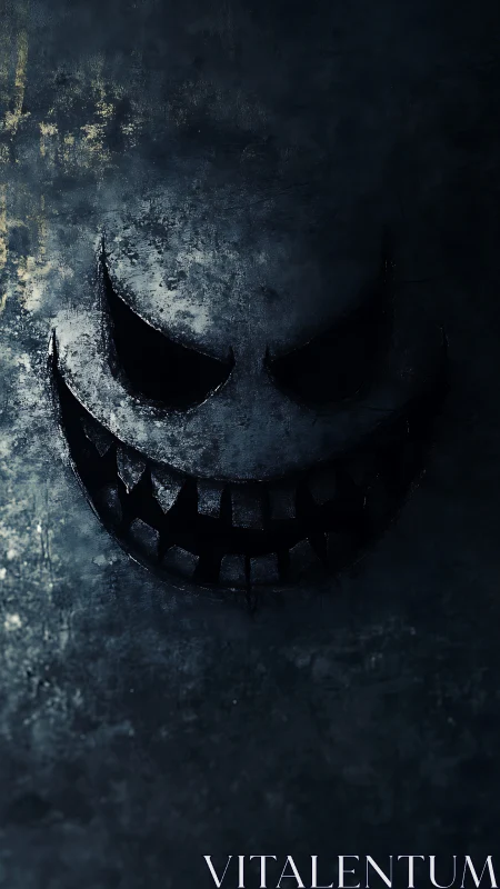 Dark carved monster face on textured metal surface background.