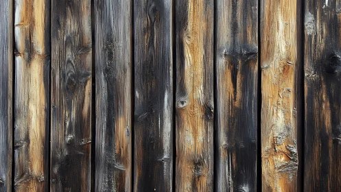 Charred vertical wooden planks form a textured burned wall