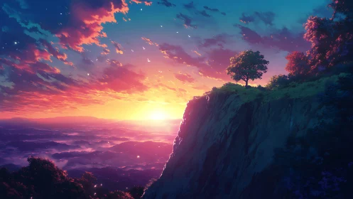 Lonely cliffside tree overlooks radiant valley sunrise